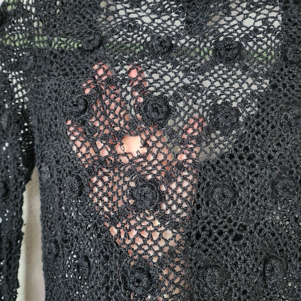 BETSEY JOHNSON NEW YORK Black Crochet Lace Cardigan Tie‎ Front Whimsigoth Y2K S - Picture 7 of 9